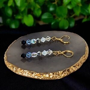 Gold Linear Dangle Drop Earrings Blue Silver & Holographic Crystals New Preppy